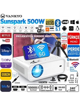 Vankyo Sunspark 500W 1080P Destekli Wifi + Bluetooth LCD LED Projeksiyon Cihazı - 240 Inç Yansıtma - Dahili Hoparlör - Tv Stick/Ps5/HDMI/USB/VGA/AV